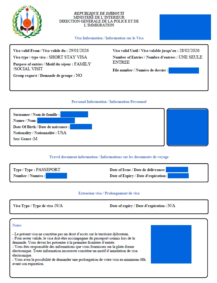 Sample Djibouti eVisa PDF document